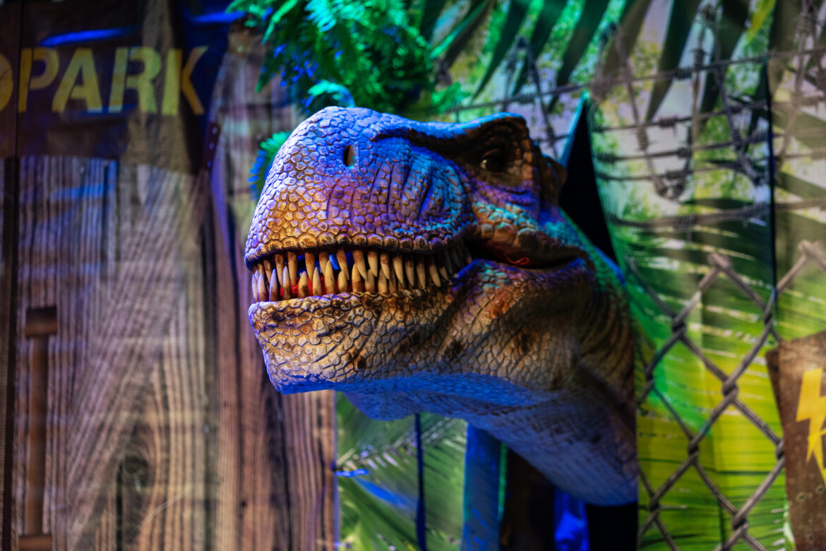 T-Rex-Figur der Lebendigen Dinosaurier-Show auf einer Bühne.