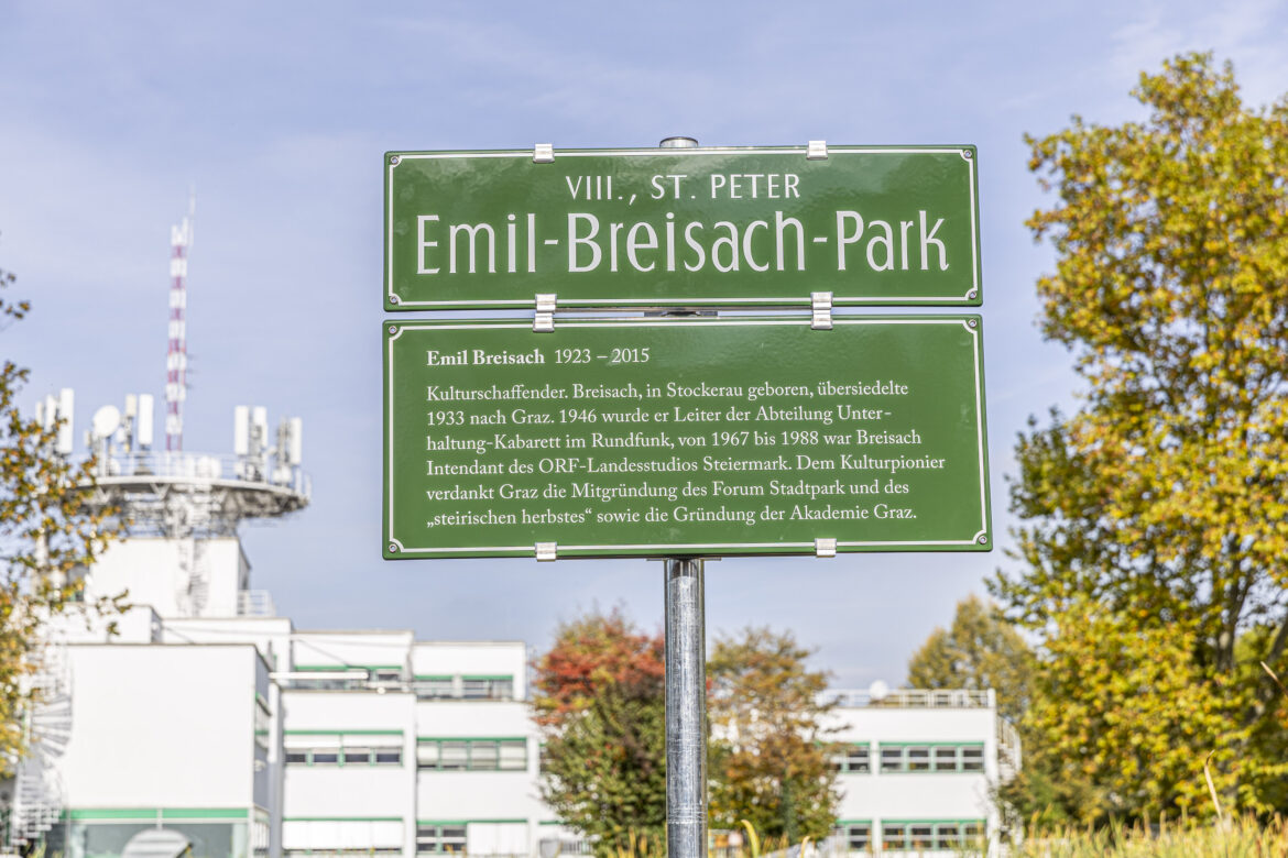 Neue Namenstafel des Emil-Breisach-Parks beim Festakt am 8. Oktober 2026 in Graz.
