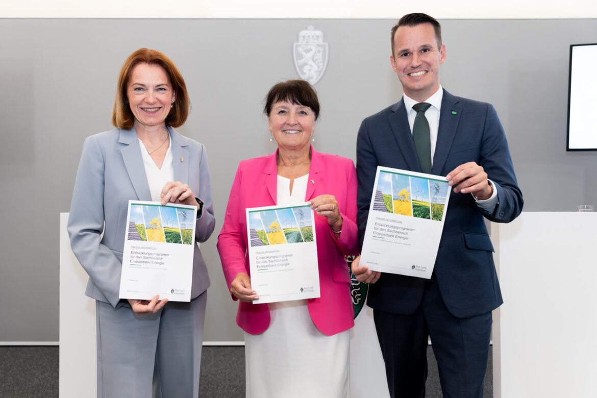 Simone Schmiedtbauer, Manuela Khom und Stefan Hermann bei der Präsentation der steirischen Energiepläne am 1. Oktober 2026